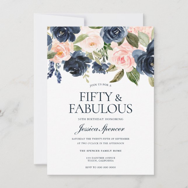 Invitation Navy Blue Blush rose Floral 50e fête d'anniversair (Devant)