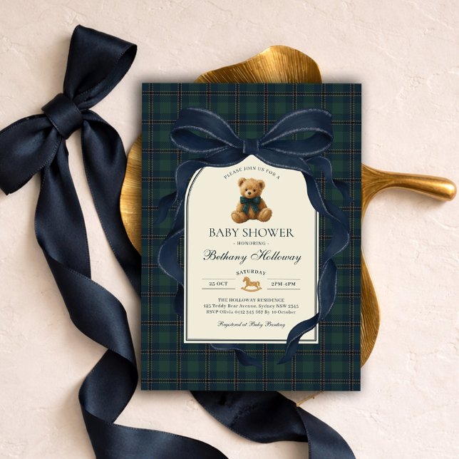 Invitation Navy Blue Bow Polo Teddy Bear Boy Baby Shower (Créateur téléchargé)