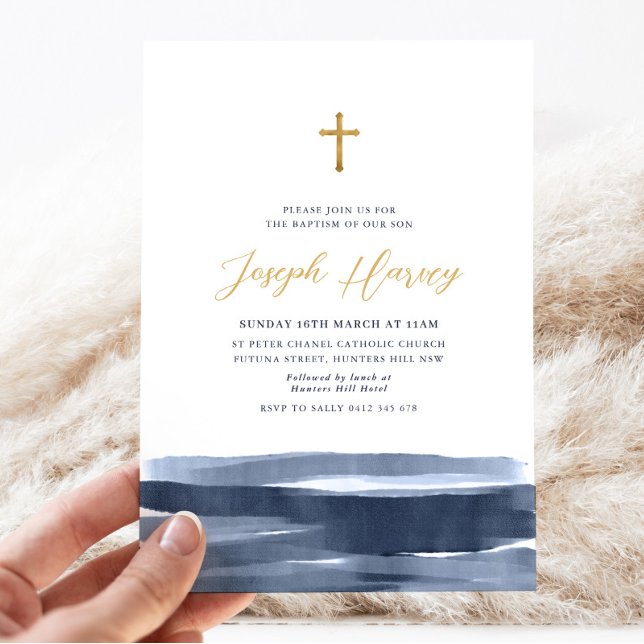 Invitation Navy Blue Croix Dorée Baptême Garçon   (Navy Blue Watercolor and Gold Boys Baptism Invitation)