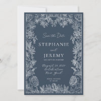 Navy Blue Elegant Botanical Enregistrer la date