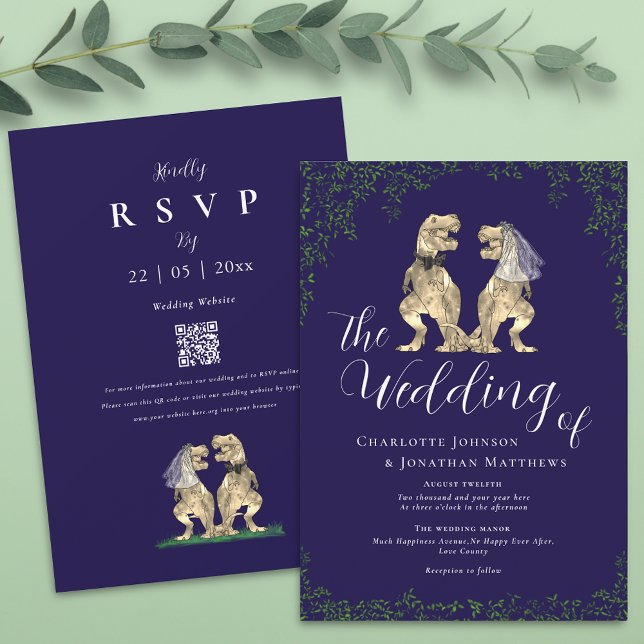 Invitation Navy Blue Elegant Dinosaur Wedding QR Code (Navy blue dinosaur wedding qr code invitation Elegant script boho eucalyptus foliage T-Rex )