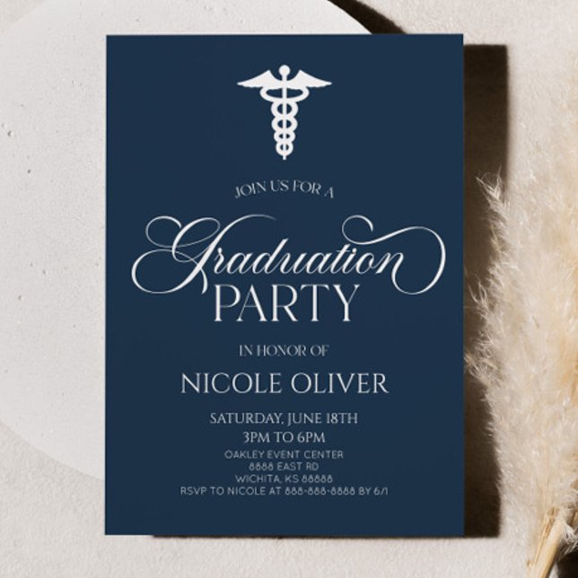 Invitation Navy Blue Elegant Médicale Caduceus Graduée (Créateur téléchargé)