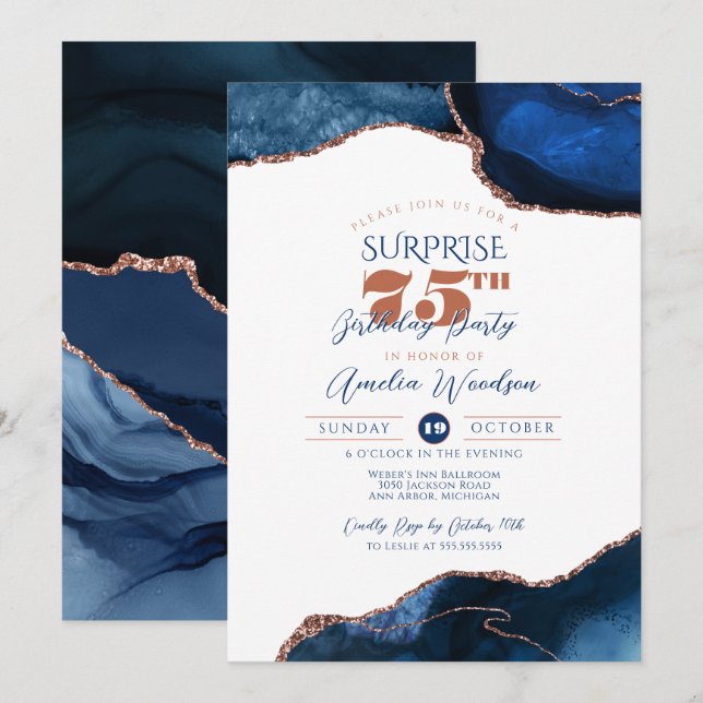 Invitation Navy Blue Elegant Surprise Party Adulte Anniversai (Devant / Derrière)