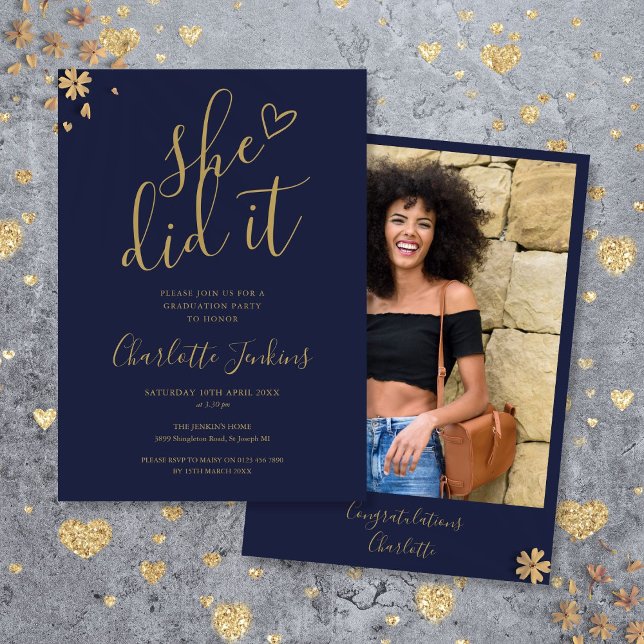 Invitation Navy Blue Elle L'A Fait Script Photo Graduation Pa (Navy Blue She Did It Script Photo Graduation Party Invitation)