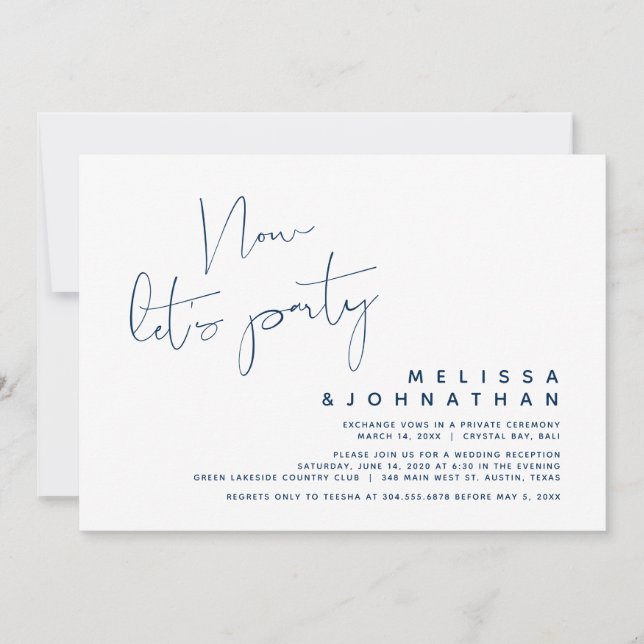 Invitation Navy Blue, Elopement Mariage, Maintenant, Parti (Devant)