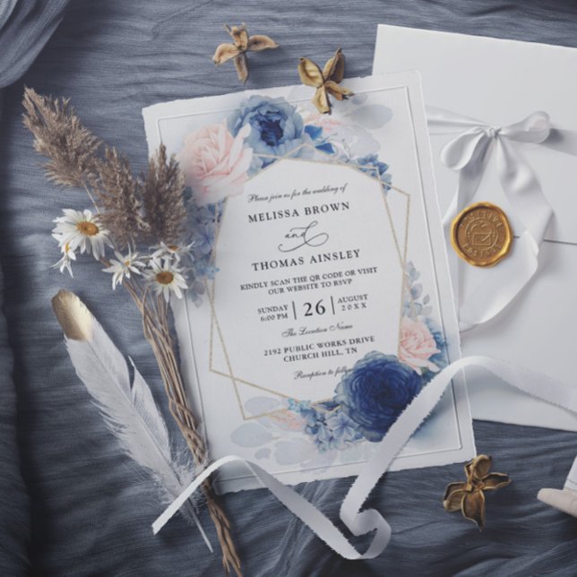 Invitation Navy Blue Floral Dusty Budget QR Code Wedding (Créateur téléchargé)
