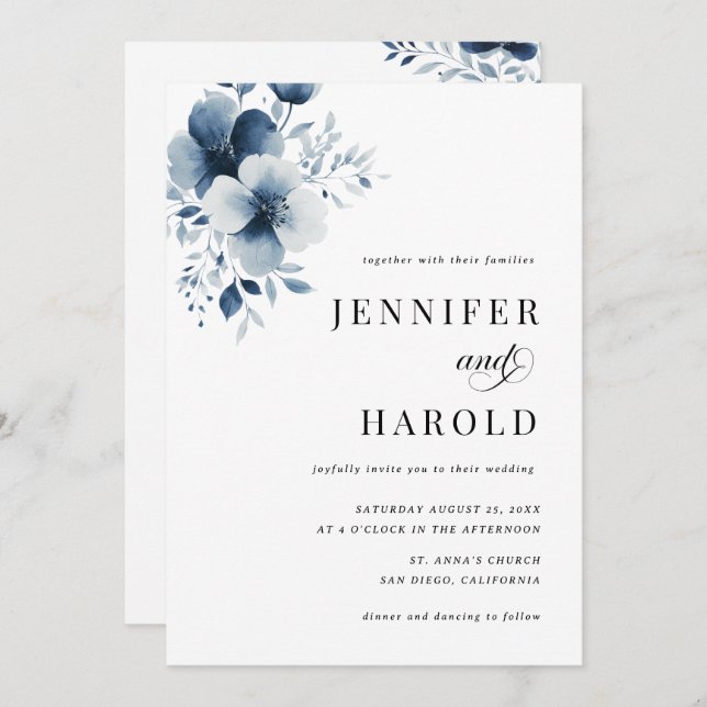 Invitation Navy Blue Floral Minimal Plain All in One Wedding (Devant / Derrière)