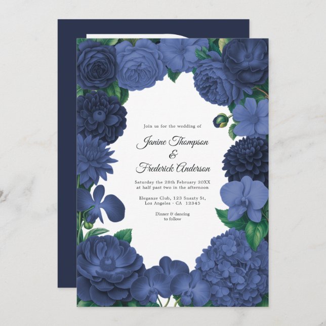 Invitation Navy Blue Floral Photo and QR Code Wedding (Devant / Derrière)