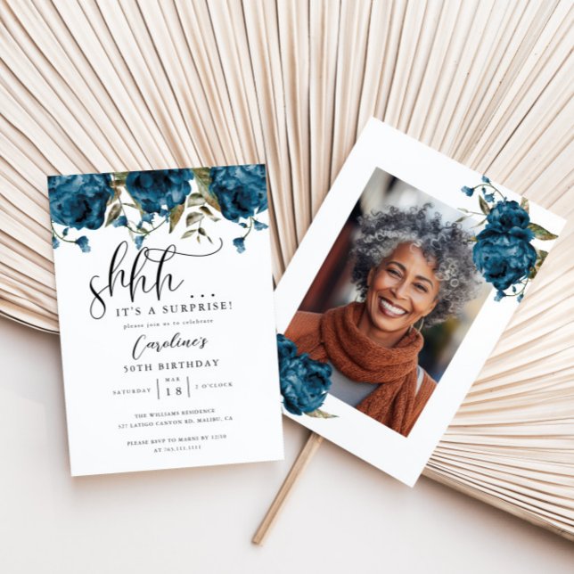 Invitation Navy Blue Floral Surprise fête d'anniversaire (Créateur téléchargé)