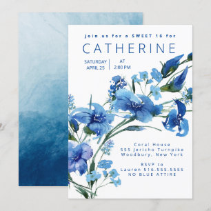Invitation Navy Blue Floral Sweet 16 Party