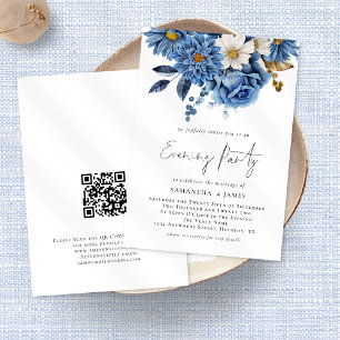 Invitation Navy Blue Florals Qr Code Mariage Soirée I