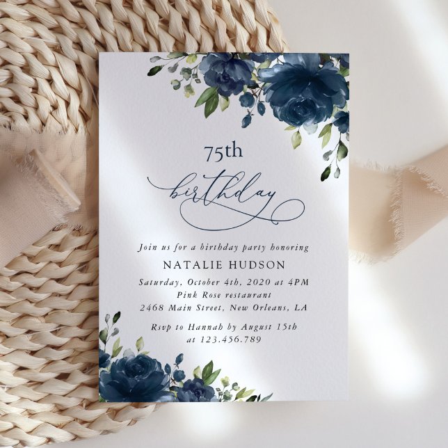 Invitation Navy Blue Flowers, Greenery, Boho, Any Birthday (Créateur téléchargé)