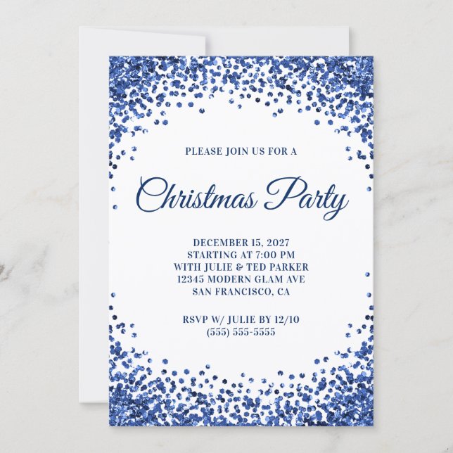 Invitation Navy Blue Glitter Border White Christmas Party (Devant)