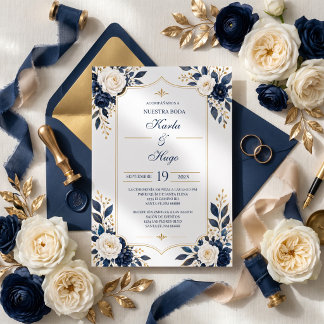 Invitation Navy Blue&God Floral Mariage Espagnol