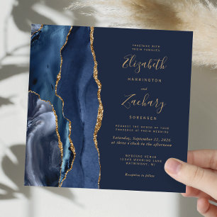 Invitation Navy Blue Gold Agate Élégant Mariage Carré