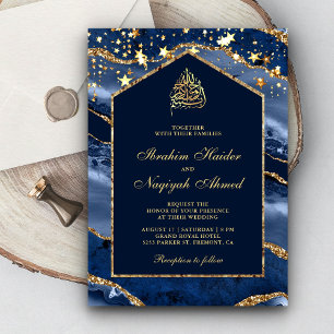 Invitation Navy Blue Gold Agate Marble Arch Mariage Musulman