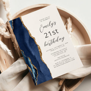 Invitation Navy Blue Gold Agate Script 21e anniversaire