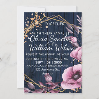 Invitation Navy Blue Gold Blush Pink Country Wedding