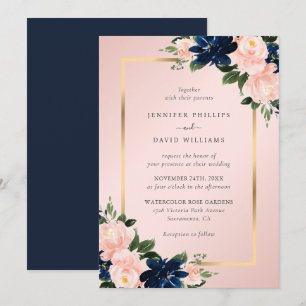 Invitation Navy Blue Gold Blush Pink Floral Wedding