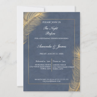 Invitation Navy Blue Gold Botanical Photo Rehearsal Dinner 
