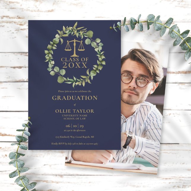 Invitation Navy Blue Gold Garland Photo Law School Graduation (Créateur téléchargé)