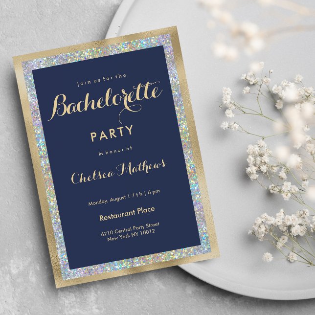 Invitation Navy blue gold silver holographic Bachelorette  (Navy blue gold silver holographic Bachelorette )