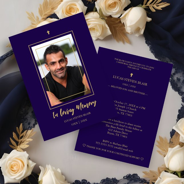 Invitation Navy Blue & Golden Traditional Elegant Funeral  (Navy Blue & Golden Traditional Elegant Funeral Photo Invitation Card. )