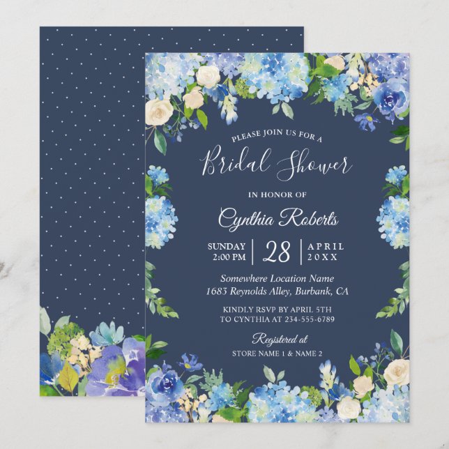Invitation Navy Blue Hydrangea Floral Gorgey Fête des mariées (Devant / Derrière)