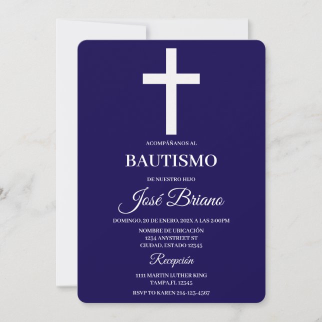 Invitation Navy blue in Spanish Baptism (Devant)