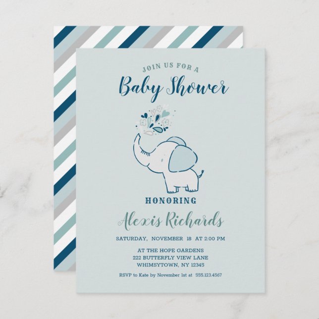 Invitation Navy Blue & Mint Cute Elephant Baby shower à thème (Devant / Derrière)