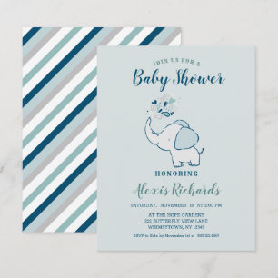 Invitation Navy Blue & Mint Cute Elephant Baby shower à thème