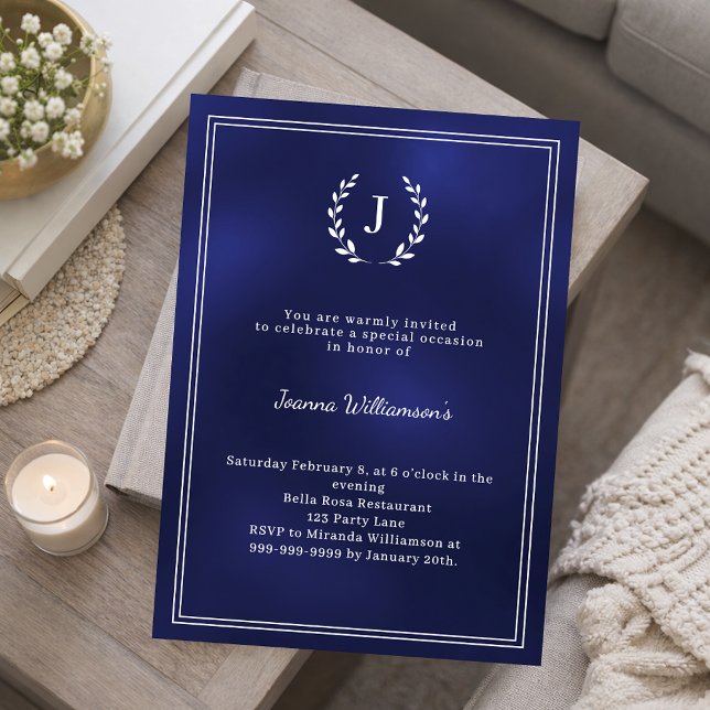 Invitation Navy blue monogram wreath milestone age-neutral (Créateur téléchargé)