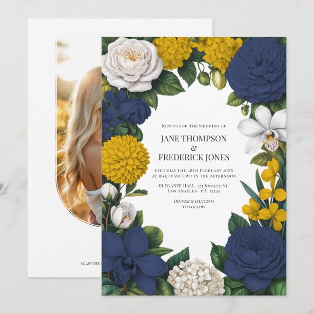 Invitation Navy Blue, Mustard Yellow & White Floral Wedding (Devant / Derrière)