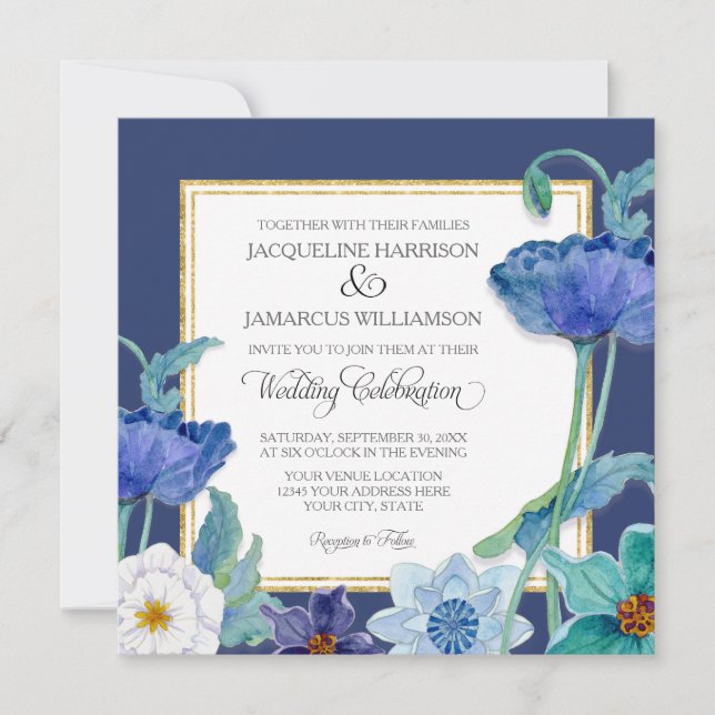 Invitation Navy Blue n White Aquarelle Poppy Art Déco Floral (Devant)