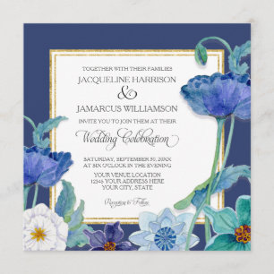 Invitation Navy Blue n White Watercolor Pavot Art déco Floral