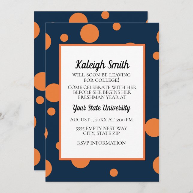 Invitation Navy Blue Orange Dots College Trunk Party (Devant / Derrière)