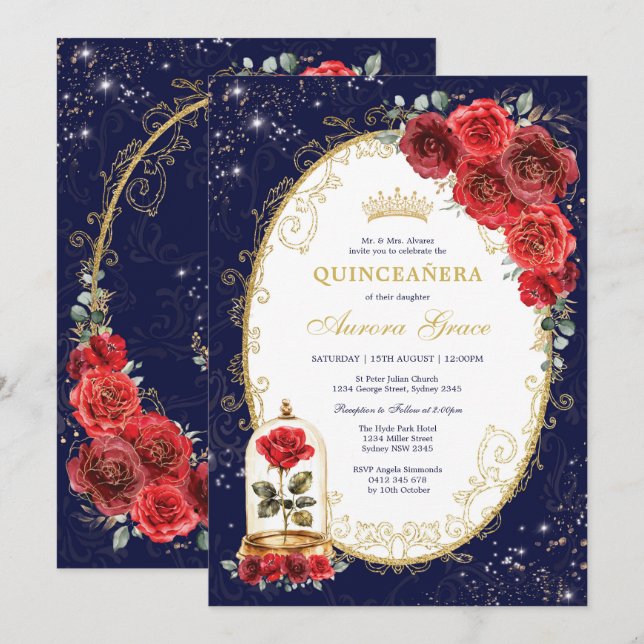 Invitation Navy Blue Quinceañera Enchantée Red Roses (Devant / Derrière)
