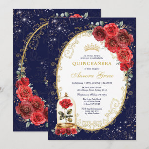 Invitation Navy Blue Quinceañera Enchantée Red Roses