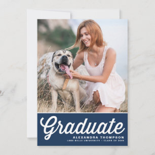 Invitation Navy Blue Retro Bold Typographie Photo Graduation