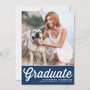 Invitation Navy Blue Retro Bold Typographie Photo Graduation