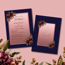 Navy Blue Rose Gold Script Burgundy floral wedding