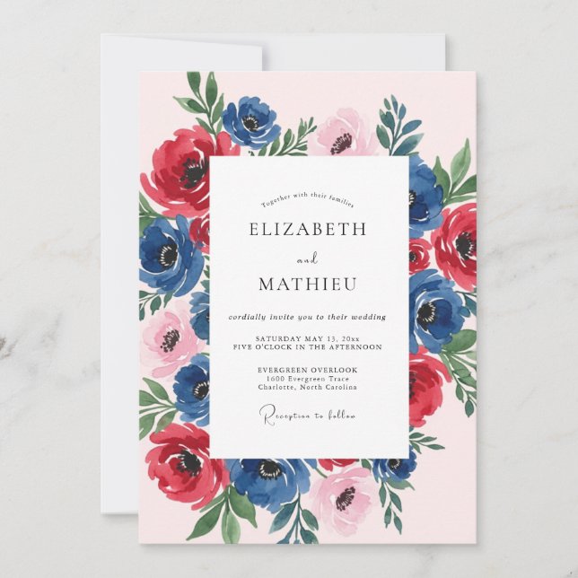 Invitation Navy Blue Ruby Blossoming Spring Wedding (Devant)