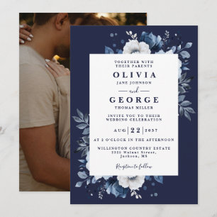 Invitation Navy Blue Rustic Elegant Floral Photo Mariage
