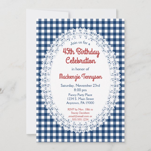 Invitation Navy Blue Rustic En vichy Anniversaire Fête Invita (Devant)