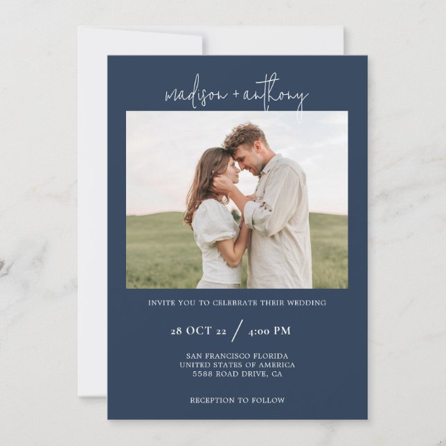 Invitation Navy Blue Script élégant avec Mariage photo (Devant)