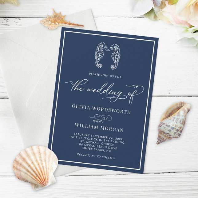 Invitation Navy Blue Seahorse Coastal Beach Script Mariage (Créateur téléchargé)