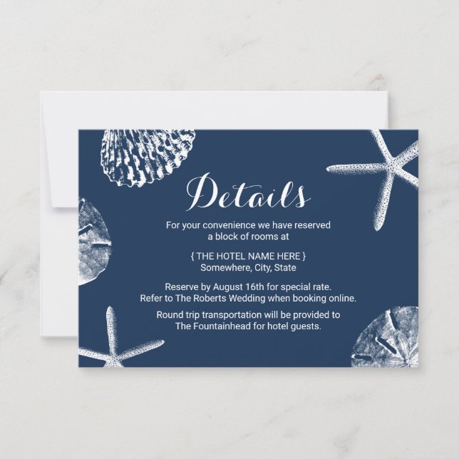 Invitation Navy Blue Seashells Beach Détails du mariage (Devant)