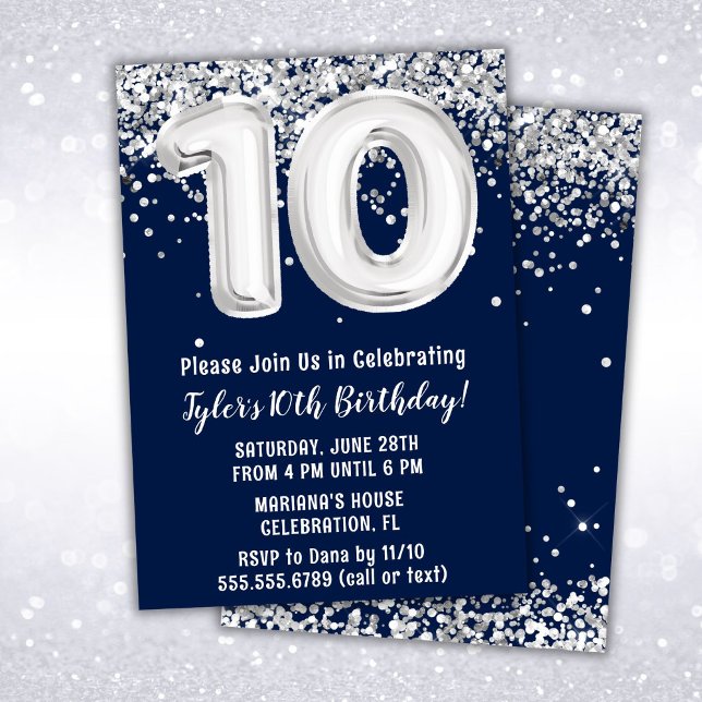 Invitation Navy Blue Silver 10e fête d'anniversaire (Créateur téléchargé)