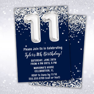 Invitation Navy Blue Silver 11e fête d'anniversaire