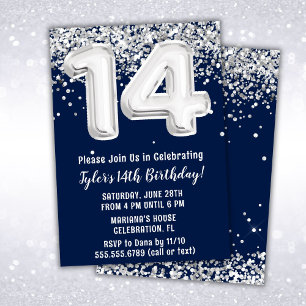 Invitation Navy Blue Silver 14e fête d'anniversaire